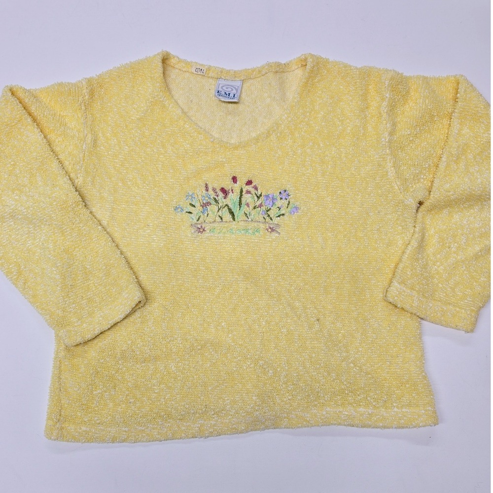 EMI Sportswear Alaska Embroidered Floral Terry Cloth Top Yellow V-Neck Small